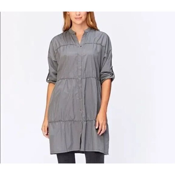 XCVI Dresses & Skirts - XCVI Cassiopeia Shirtdress Nylon Dress Gray Women XL Roll Tab Sleeve Snap Button